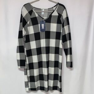 Plaid Long Sleeve Dress - Black and White